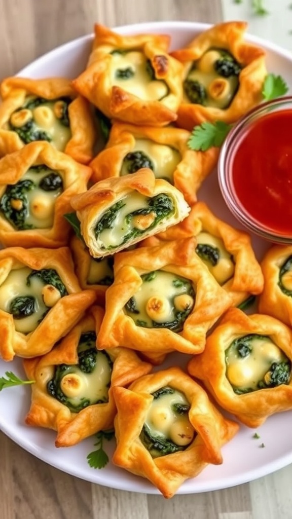Golden spinach and cheese puffs on a plate, garnished with herbs and marinara sauce.